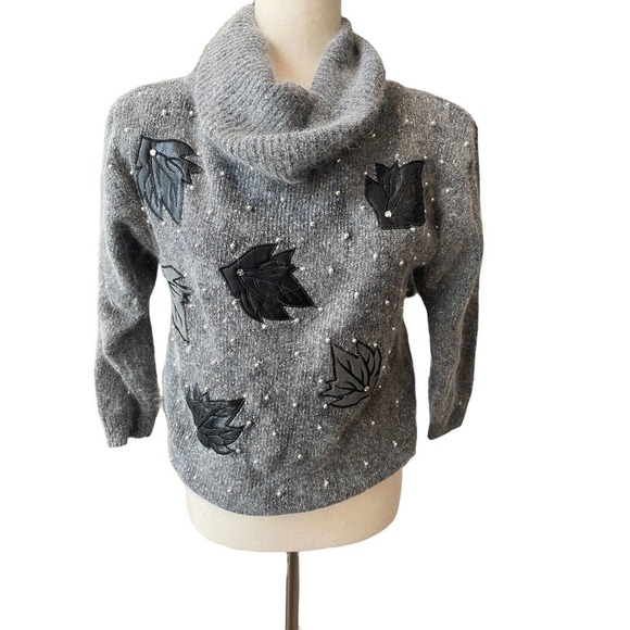 Angora Sweater Silk Gray Embellished Pearls Small Medium‎ Cowl Neck Vintage 90s - Picture 1 of 8